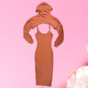 Fashion Nova 2-Piece Ribbed Knit Dress and Super Crop Hoodie Set - XS